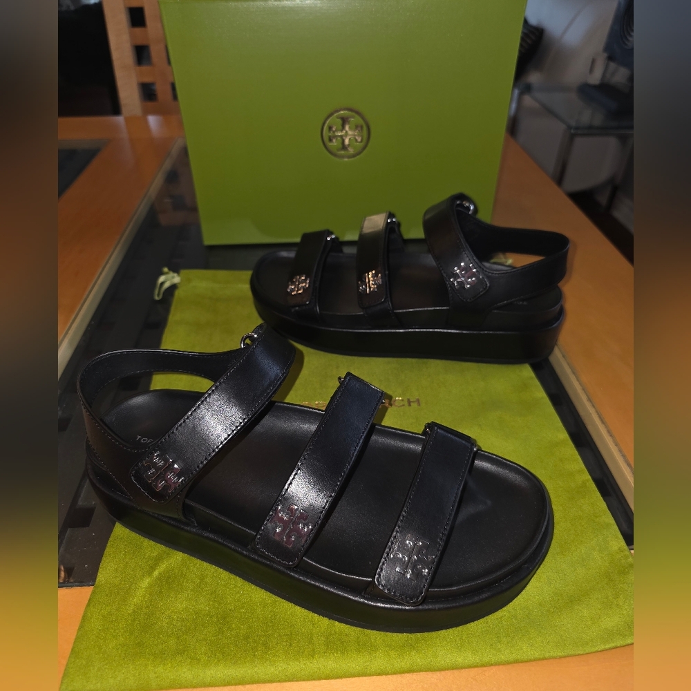 NWT Tory Burch Kira Triple Strap Black And Silver Sandals SOLD OUT EVERYWHERE - Picture 7 of 11
